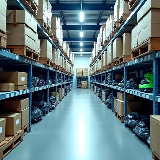 Sport accessories arranged in warehouse